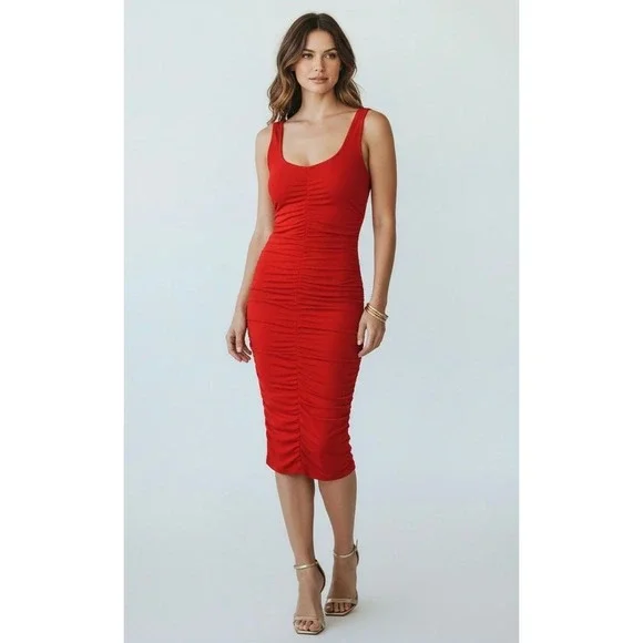NEW Red Small Ruched Smal Body-con Midi Dress Scoop Neck Sleeveless‎ - Picture 2 of 7